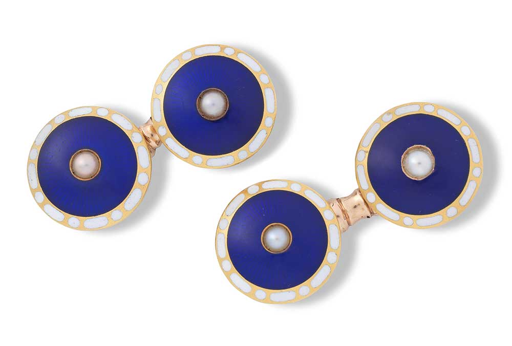 A PAIR OF ENAMEL AND GOLD PEARL-SET CUFFLINKS