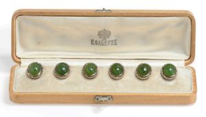 A Set of Six Jewelled Gold-Mounted Nephrite Scarab Buttons