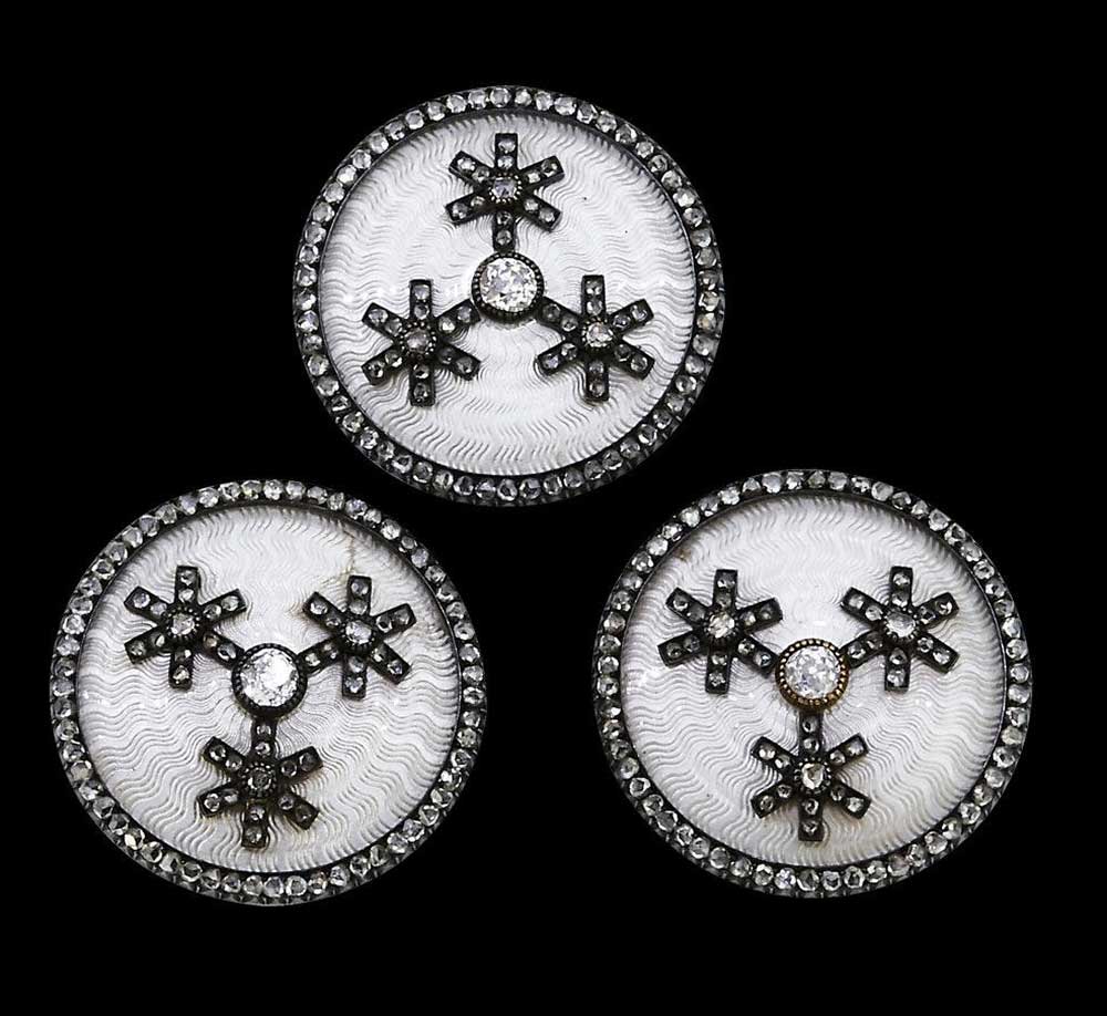 FABERGE, MICHAIL PERKHIN, 3 IMPORTANT DIAMOND AND ENAMEL 'SNOWFLAKE' BUTTONS