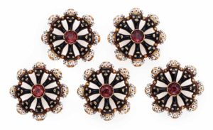FIVE 14K YELLOW GOLD, GARNET, AND ENAMELED FIGURAL BUTTONS LATE 19TH/20TH CENTURY