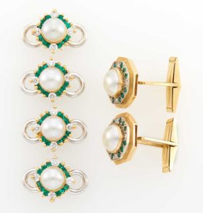 Gold, Cultured Pearl, Green Garnet and Diamond Dress Set