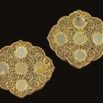 Two rare jade or hardstone-inlaid gold filigree dress ornaments, Golden Horde, 13-14th century