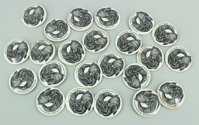 31 Edward Gorey Illustrated Buttons, includes 23 Stuffed Elephants pins