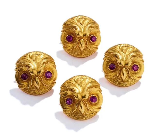 Gold owl buttons with ruby eyes